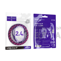 Кабель USB to Lightning HOCO X116 Meridian, 1m, 2.4A,  фиолетовый